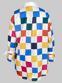 Long Sleeves Loose Buttoned Contrast Color Plaid Tied Stand Collar Blouses&Shirts Tops