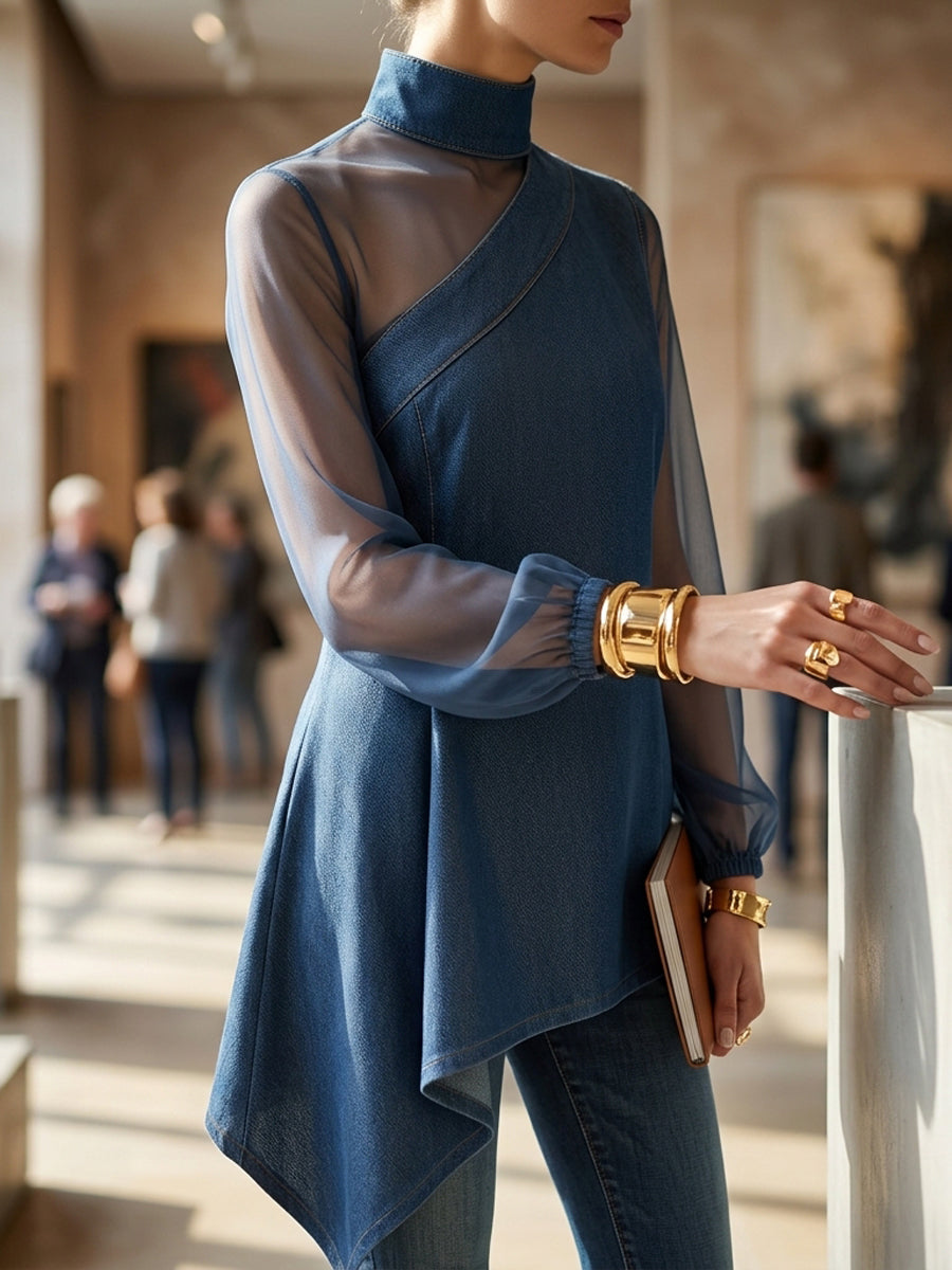 Asymmetric Mesh Split-Joint Long Sleeves Puff Sleeves Mock Neck Blouses&Shirts Tops
