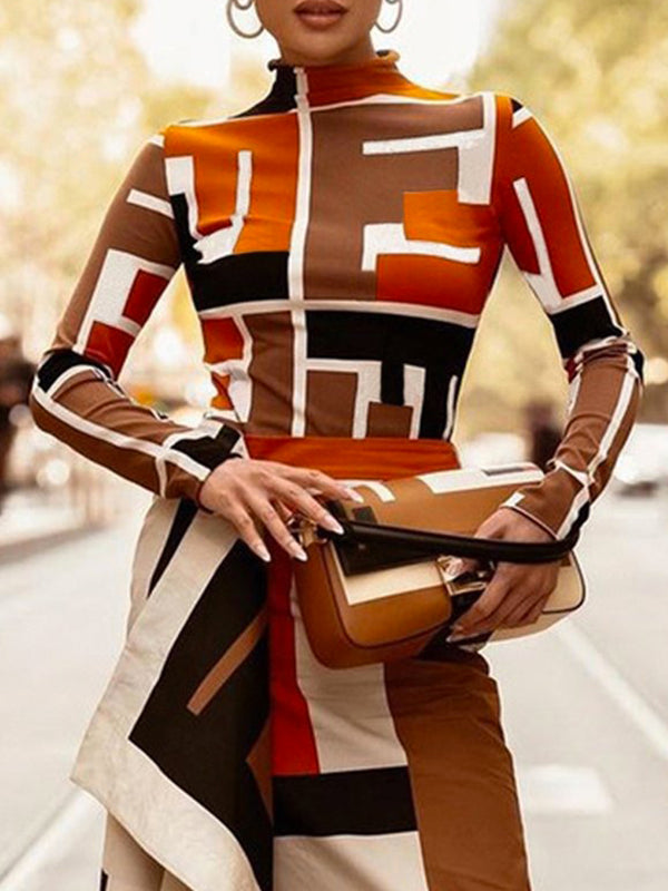 Long Sleeves Skinny Geometric Printed High Neck T-Shirts Tops