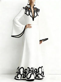 A-Line Flared Sleeves Abstract Printed Contrast Color Hollow Line Split-Joint Stand Collar Maxi Dresses