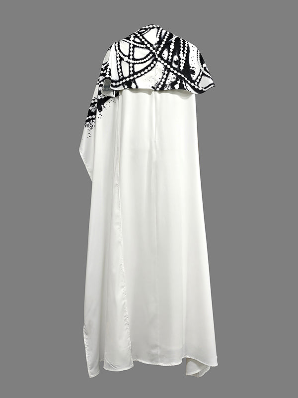 Contrast Color Printed A-Line Capelet Mock Neck Maxi Dresses