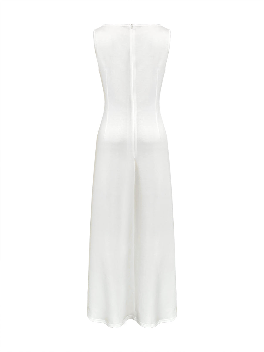 Sleeveless Gauze Pleated Solid Color Split-Joint Round-Neck Evening Dresses Maxi Dresses
