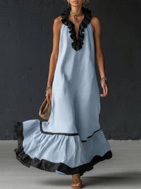 A-Line Loose Contrast Color Pleated Ruffle Trim Split-Joint V-Neck Maxi Dresses