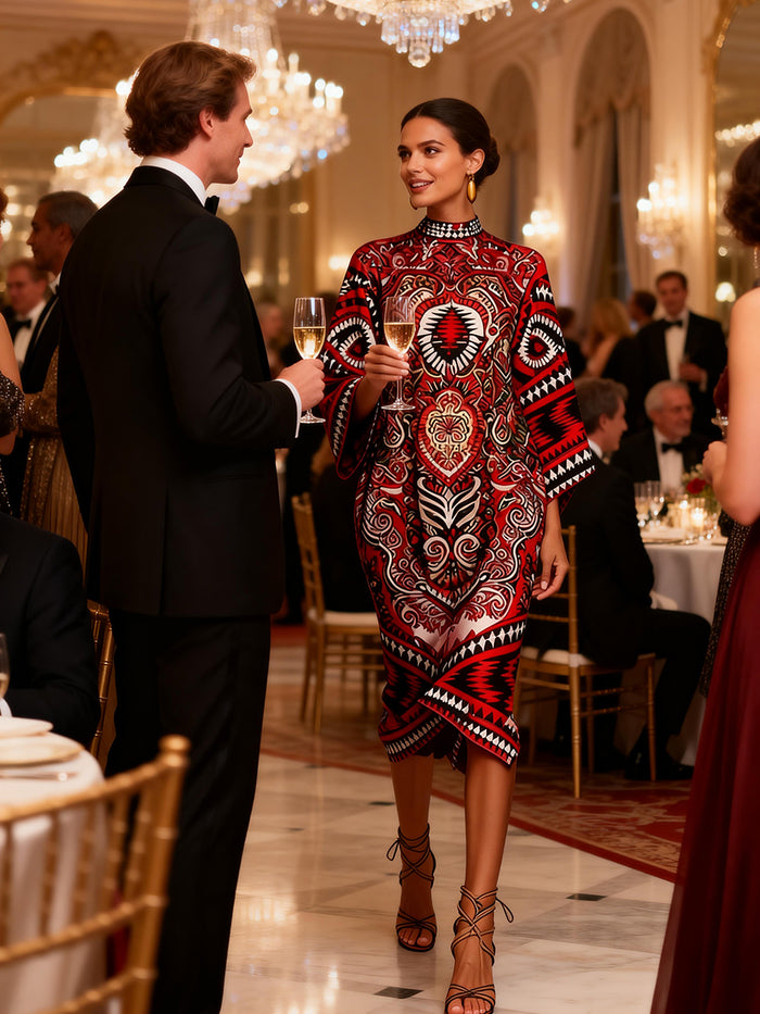 Contrast Color Flower Print Geometric Split-Joint Flared Sleeves Long Sleeves Round-Neck Midi Dresses