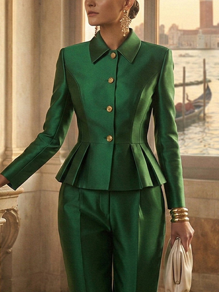 Buttoned Contrast Color Ruffled Split-Joint Elasticated Waist High Waisted Lapel Blouses&Shirts Tops Blazer