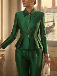Buttoned Contrast Color Ruffled Split-Joint Elasticated Waist High Waisted Lapel Blouses&Shirts Tops Blazer