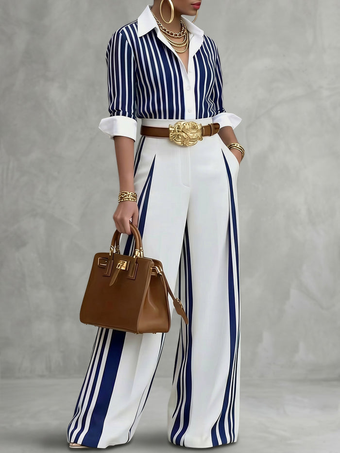 Long Sleeves Buttoned Contrast Color Striped Lapel Blouses&Shirts Tops