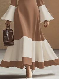 Contrast Color Pleated Split-Joint Flared Sleeves High Waisted Mock Neck Maxi Dresses
