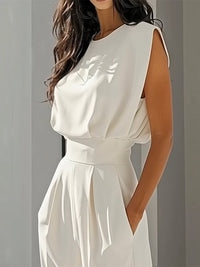Loose Pleated Solid Color Split-Joint Round-Neck Jumpsuits
