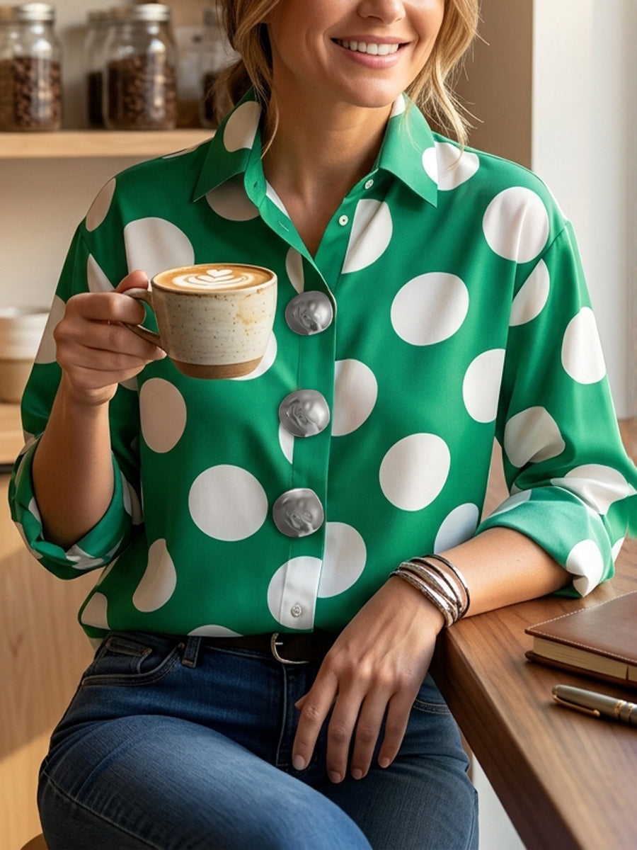 Buttoned Contrast Color Polka-Dot Long Sleeves Loose Lapel Blouses&shirts Tops