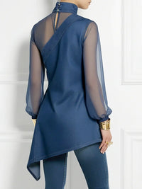 Asymmetric Mesh Split-Joint Long Sleeves Puff Sleeves Mock Neck Blouses&Shirts Tops