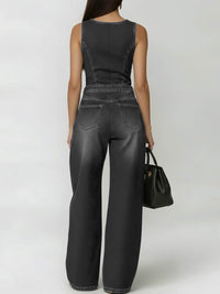 High Waisted Loose Geometric Hollow Pockets Solid Color Split-Joint Round-Neck Jumpsuits