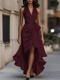 High-Low Loose Ruffle Trim Solid Color Tied Waist V-Neck Maxi Dresses