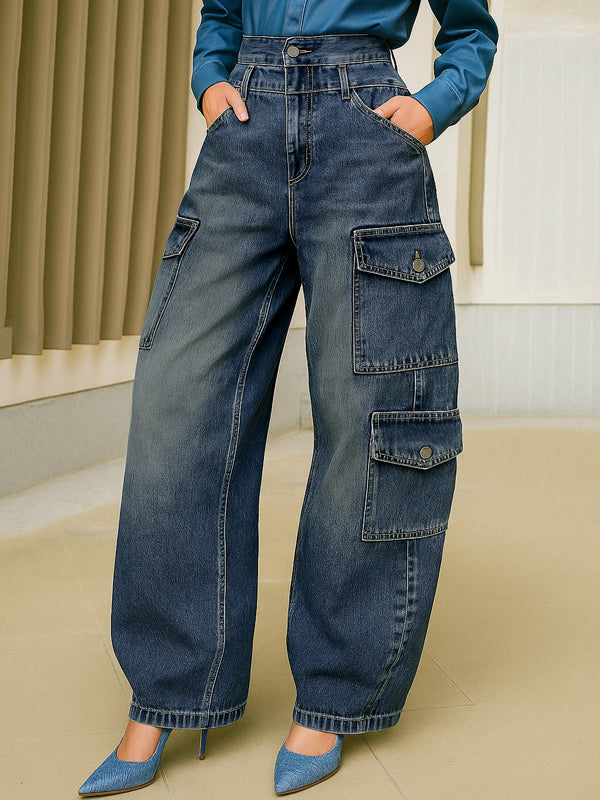 Buttoned Pockets Solid Color Split-Joint High Waisted Loose Jean Pants Bottoms