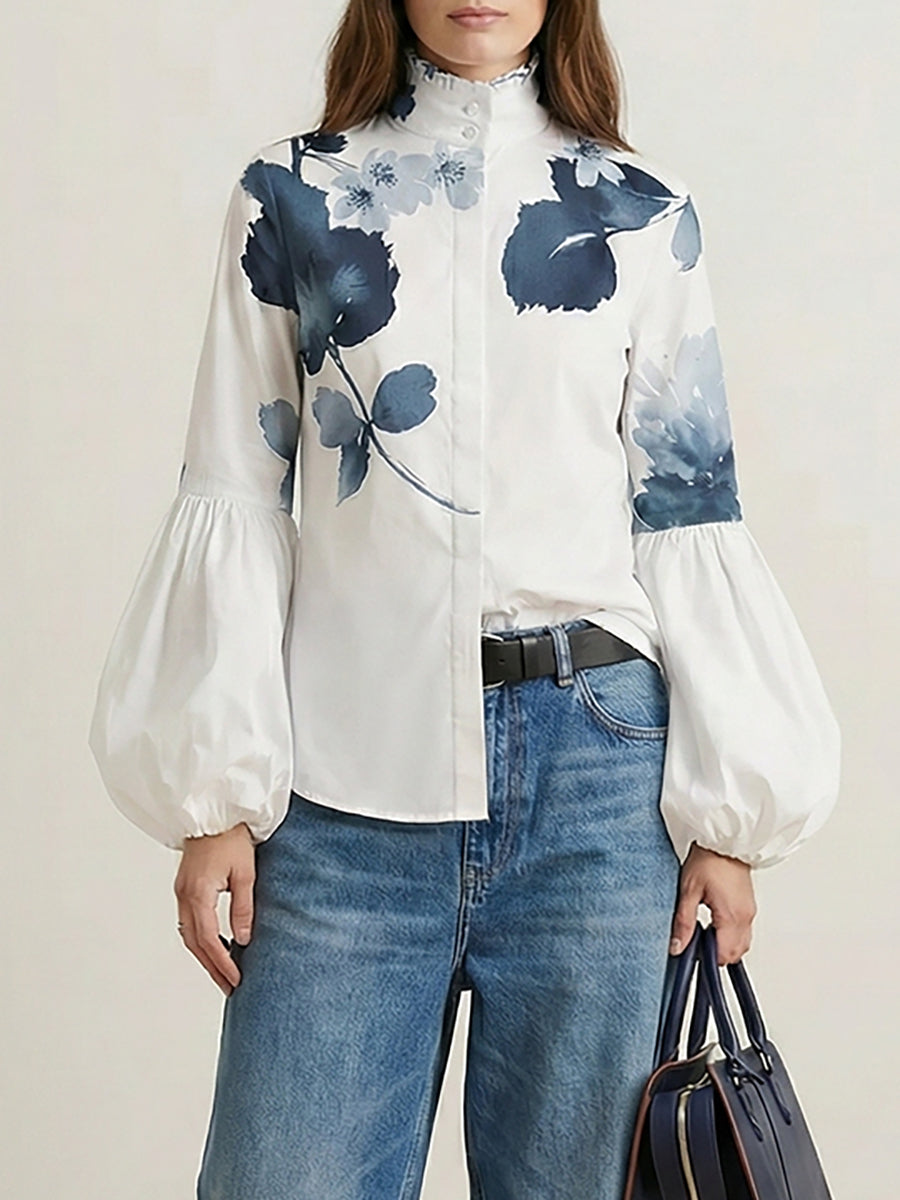 Buttoned Leaves Print Long Sleeves Loose High-Neck Blouses&Shirts Tops