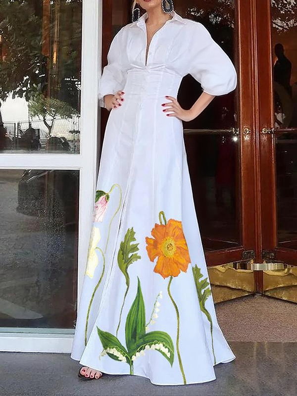 A-Line High Waisted Buttoned Flower Print Lapel Maxi Dresses Shirt Dress