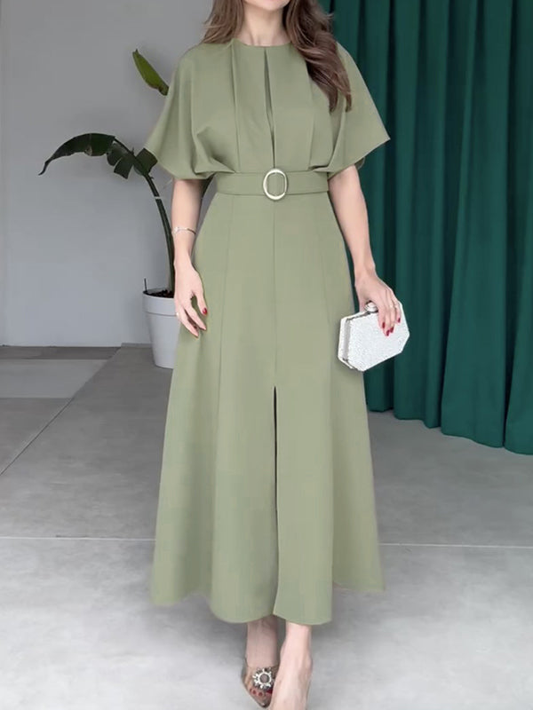 Loose Raglan Sleeve Pleated Split-Front Split-Joint Tied Waist Round-Neck Maxi Dresses