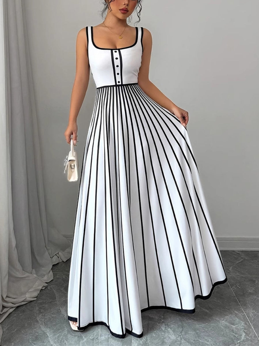 Contrast Color Pleated Split-Joint Striped A-Line Sleeveless Spaghetti-Neck Maxi Dresses