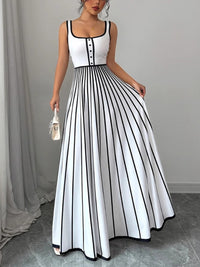 Contrast Color Pleated Split-Joint Striped A-Line Sleeveless Spaghetti-Neck Maxi Dresses