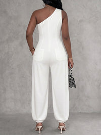 Pockets Solid Color Sleeveless One-Shoulder Jumpsuits