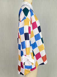 Long Sleeves Loose Buttoned Contrast Color Plaid Tied Stand Collar Blouses&Shirts Tops