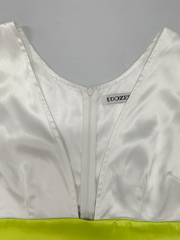 A-Line High Waisted Contrast Color Pleated Zipper Deep V-Neck Maxi Dresses