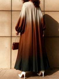 A-Line Long Sleeves Elasticity Gradient Pockets Round-Neck Maxi Dresses