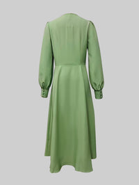A-Line Long Sleeves Pleated Pockets Solid Color Zipper V-Neck Midi Dresses