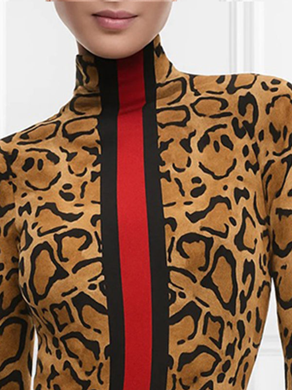 Long Sleeves Skinny Contrast Color Leopard High Neck T-Shirts Tops