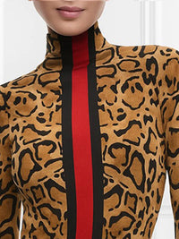 Long Sleeves Skinny Contrast Color Leopard High Neck T-Shirts Tops