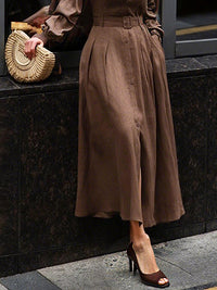 Loose Puff Sleeves Pleated Solid Color Split-Joint Lapel Maxi Dresses Shirt Dress