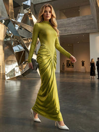 Bodycon Irregularity Pleated Split-Back Split-Joint Half Turtleneck Maxi Dresses