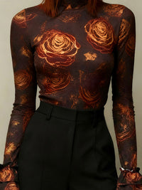 Flared Sleeves Long Sleeves Flower Print High Neck Blouses&Shirts Tops