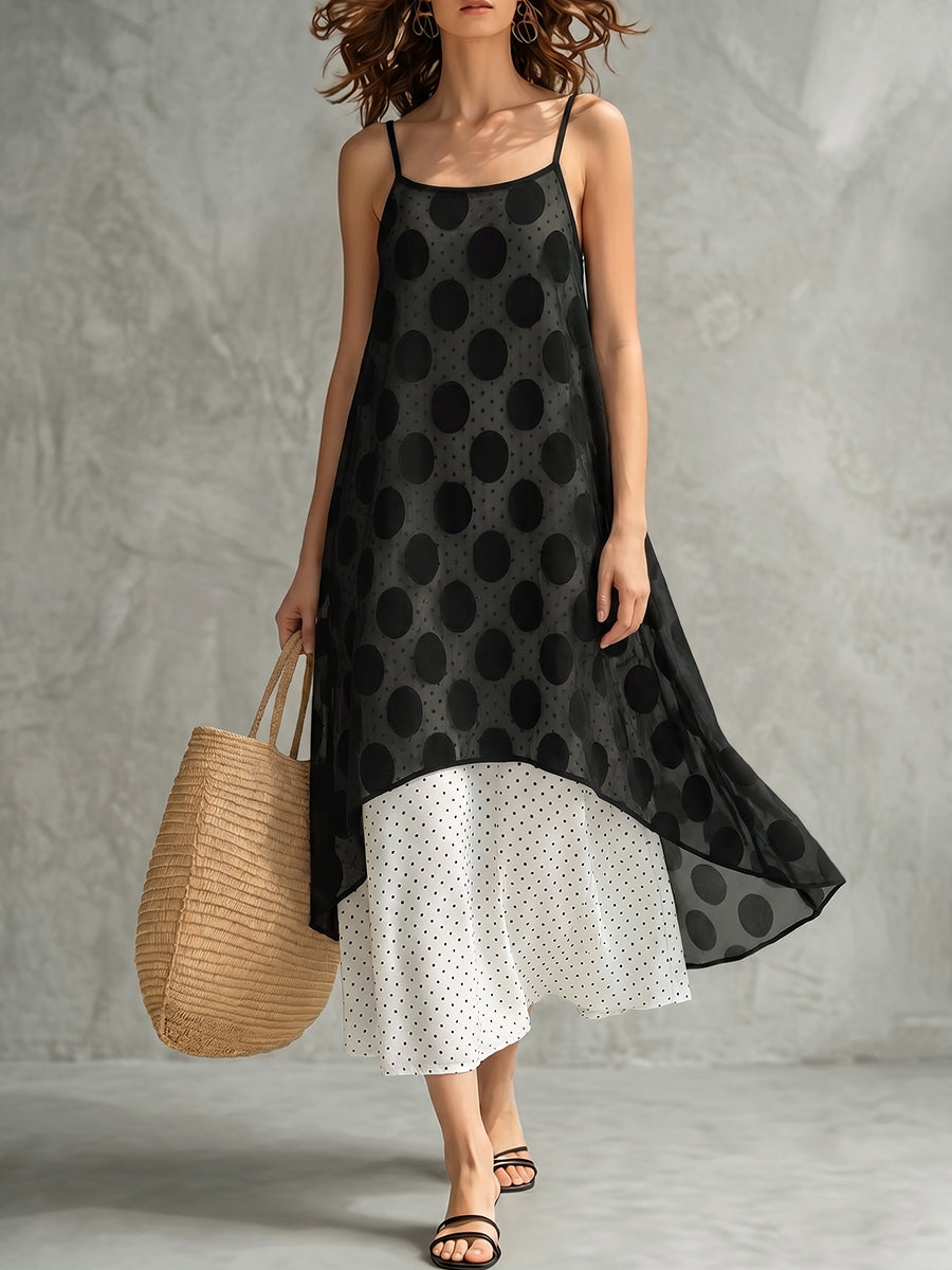 False Two Sleeveless Contrast Color Polka Dot See-Through Spaghetti-Neck Midi Dresses Slip Dress