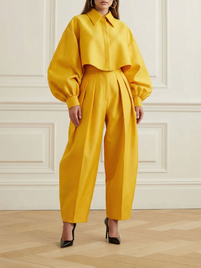 Pleated Pockets Solid Color High-Low Loose Trousers Pants