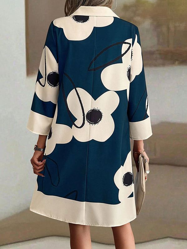 Buttoned Flower Print A-Line Loose Stand Collar Mini Dresses