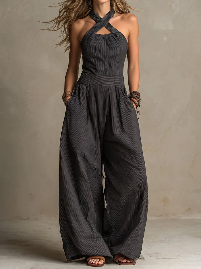Pleated Pockets Solid Color High Waisted Plus Size Halter-Neck Jumpsuits