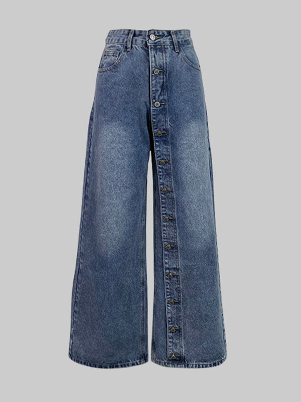 High Waisted Loose Buttoned Pockets Jean Pants Bottoms