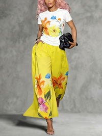 Short Sleeves Flower Print Solid Color Round-Neck T-Shirts