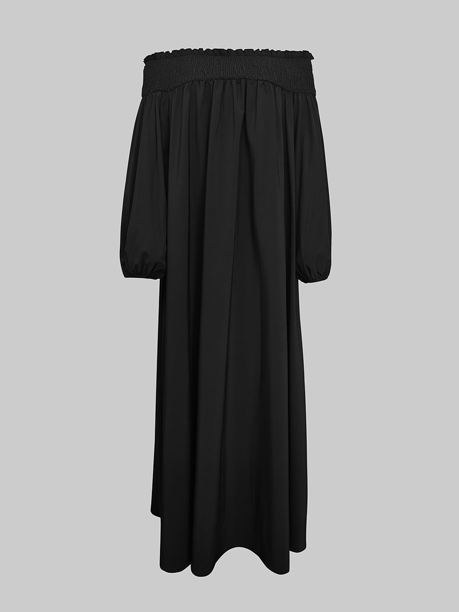 Loose Puff Sleeves Elasticity Pleated Solid Color Off-The-Shoulder Maxi Dresses