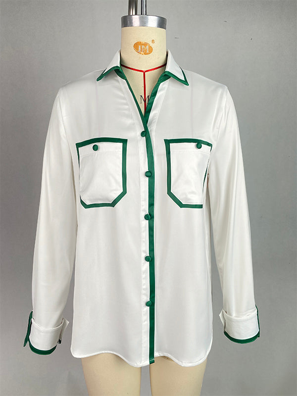 Buttoned Contrast Color Pockets Long Sleeves Loose Lapel Blouses&Shirts Tops