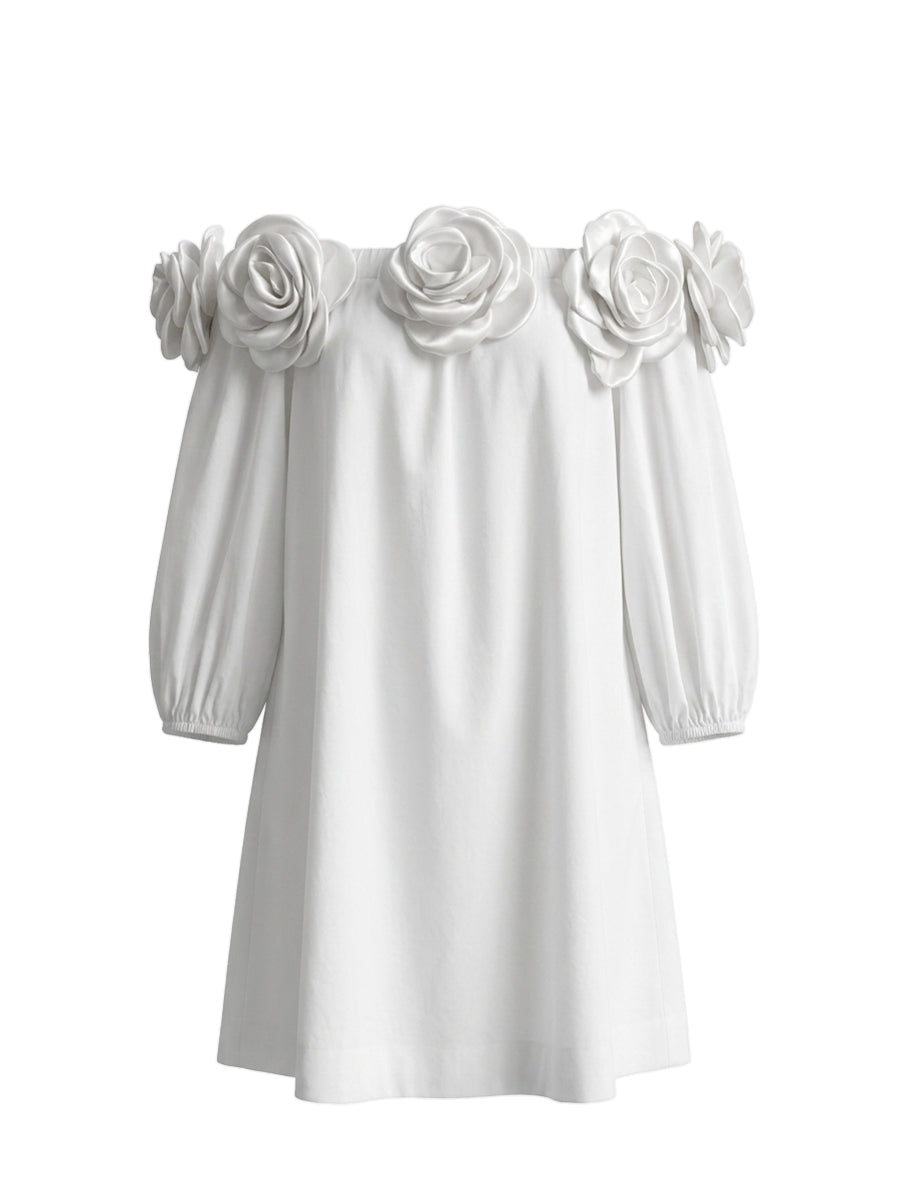 Pockets Solid Color Three-Dimensional Flower Half Sleeves Loose Off-The-Shoulder Mini Dresses