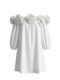 Pockets Solid Color Three-Dimensional Flower Half Sleeves Loose Off-The-Shoulder Mini Dresses