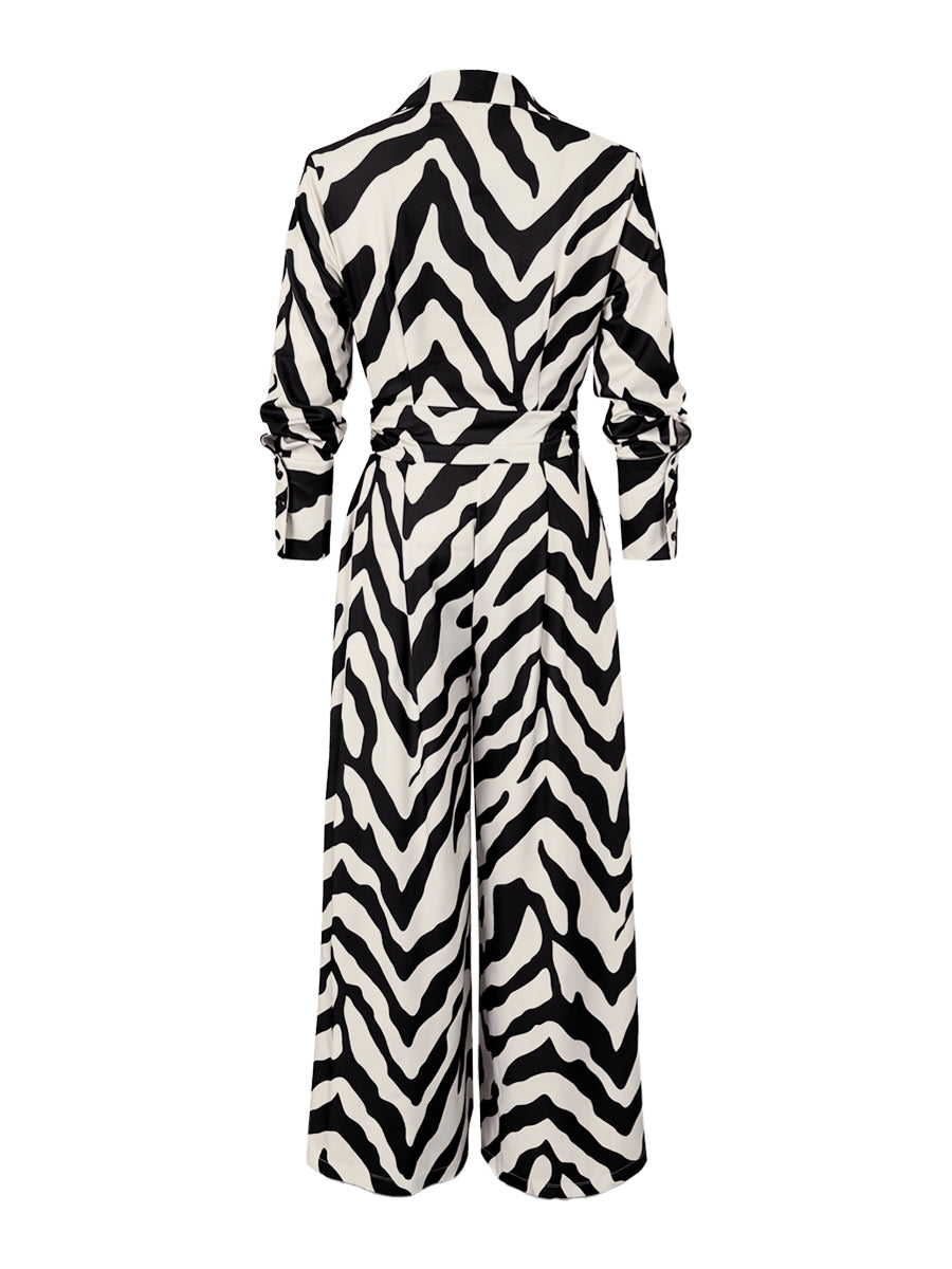 Long Sleeves Wide Leg Split-Joint Tied Waist Zebra Printed Lapel Jumpsuits