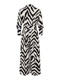 Long Sleeves Wide Leg Split-Joint Tied Waist Zebra Printed Lapel Jumpsuits
