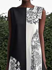 Loose Sleeveless Asymmetric Contrast Color Printed Round-Neck Maxi Dresses
