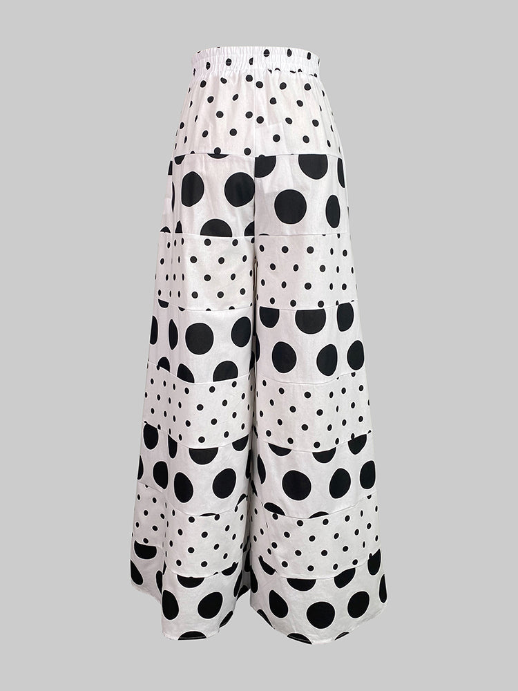 High Waisted Loose Contrast Color Elasticity Pockets Polka-Dot Split-Joint Pants Trousers