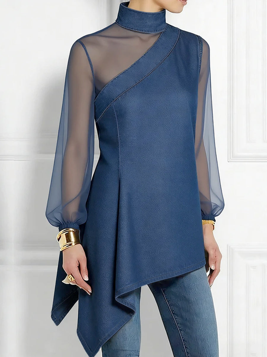 Asymmetric Mesh Split-Joint Long Sleeves Puff Sleeves Mock Neck Blouses&Shirts Tops