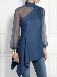 Asymmetric Mesh Split-Joint Long Sleeves Puff Sleeves Mock Neck Blouses&Shirts Tops