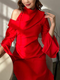 Flared Sleeves Asymmetric Buttoned Hollow Solid Color Zipper Cold Shoulder Evening Dresses Maxi Dresses